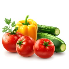 Fresh Vegetables: Vibrant and juicy tomatoes, a crisp yellow bell pepper, and two zesty zucchini create a delightful still life, showcasing the beauty of fresh produce.