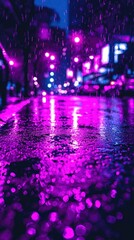 Fototapeta premium City street at night with neon lights reflecting on wet pavement.