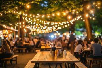 Outdoor dining at night, illuminated by string lights.  Busy gathering of people enjoying an evening meal