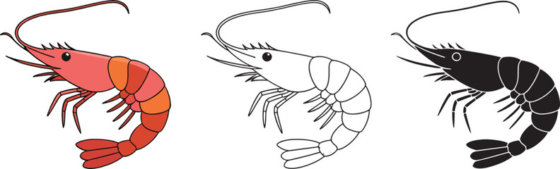 Shrimp colorful illustration and silhouette vector illustration isolated On Transparent Background