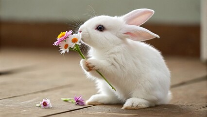 Obraz premium Adorable White Bunny with Delicate Flower