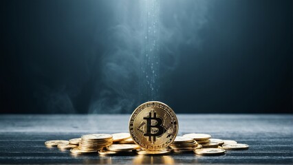 Glimmering Future: A Stack of Cryptocurrency Coins Illuminated by Hopeful Light and the Promise of Digital Riches.
