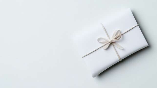 A neatly wrapped white gift package with a simple twine bow, placed on a minimalist light background, and elegant and modern presentation.