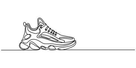 Shoes outline drawing illustration. one continuous line drawing of shoe- footwear, Sneakers sports shoes in a continuous one line drawing. Vector illustration isolated. Minimalist design hand drawn.