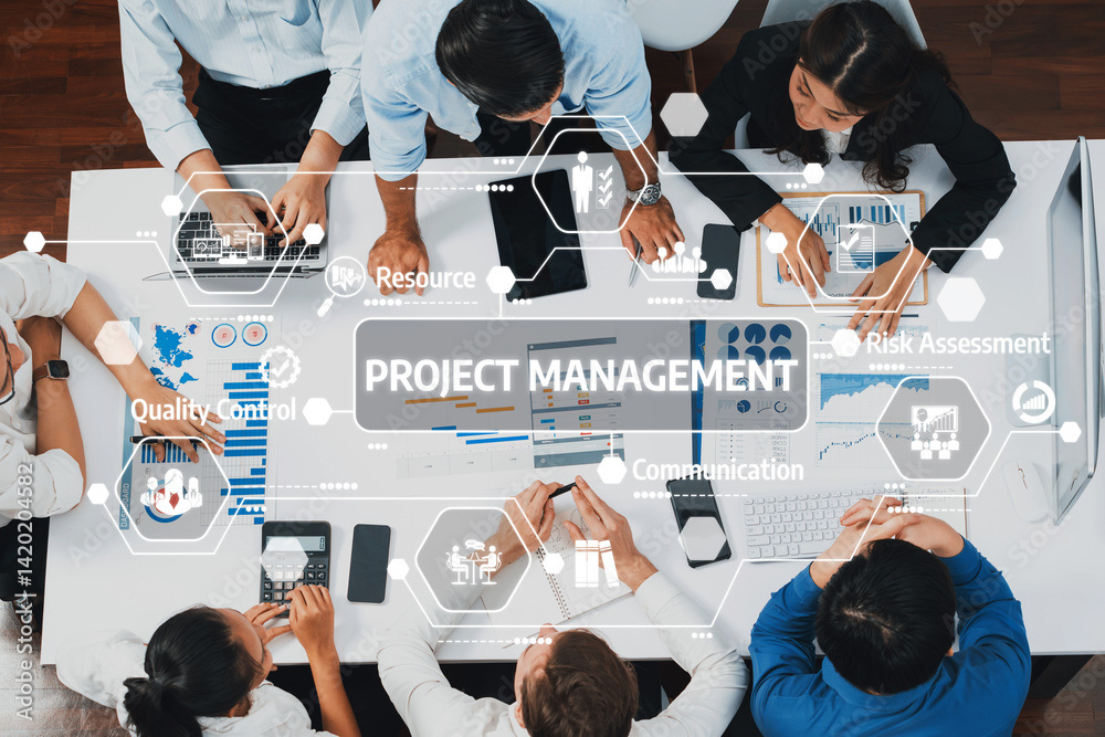 Poster Top view project manager communicate and collaborate with team using project management software, tracking progress of project task and making schedule plan at meeting table. Prudent Amity