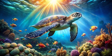 Fototapeta premium Serene Underwater Scene Featuring a Majestic Sea Turtle Gracefully Gliding Through Vibrant Coral Reefs and a School of Colorful Fish, Illuminated by Sunbeams