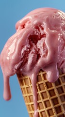 A scoop of pink ice cream dripping from a cone