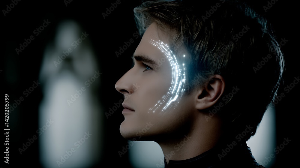 Poster man with digital overlay on face enhancing facial features displaying technological advancement them