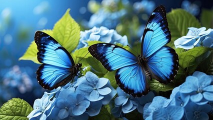 A vibrant blue butterfly with striking iridescent wings rests atop clusters of delicate light blue flowers