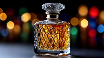Close-Up of an Elegant Faceted Glass Perfume Bottle Radiating Amber Hues Against Colorful Bokeh Background