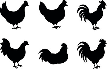 Black color chicken silhouette, Set of rooster silhouette