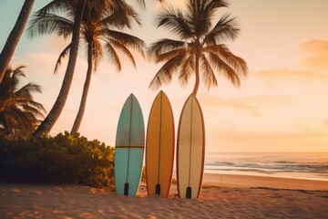 Colored Surfboards standing on a sandy beach against a serene blue ocean backdrop. copy space for text. Vacation concept. Travel concept, Summertime concept with copy space.