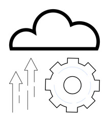 Cloud outline, gear, and three upward arrows reflect collaboration, technology, innovation, data transfer, and growth. Ideal for technology, IT management innovation progress digital