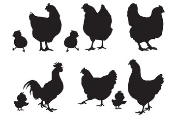Hen or Chicken, rooster and chicks silhouette set. hen, rooster and chicks isolated farm animal silhouette icon vector collection.