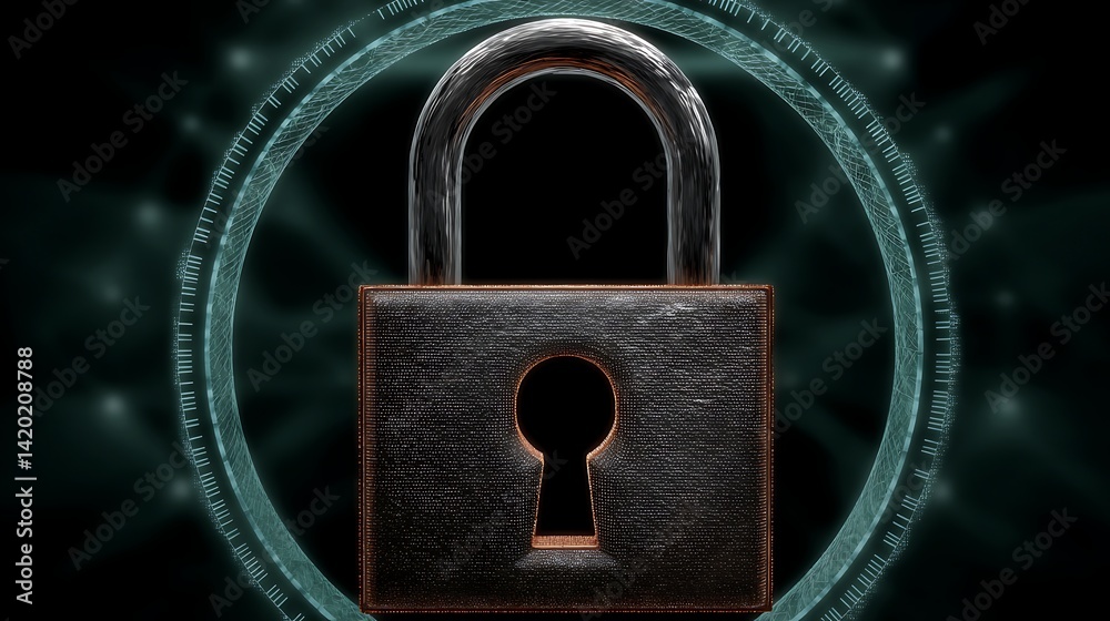 Poster metallic padlock centered in a geometric circle represents data encryption and secure transactions.