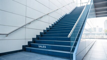 Obraz premium Sales Wallpaper, Sales Presentation, Sales Background, Blue Staircase in Modern Building Leading Upward to Success, Business Growth Concept 