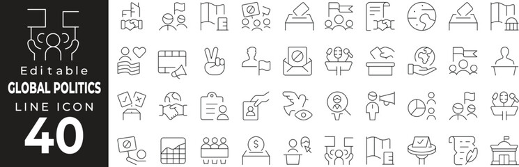 Global Politics Icon Set: A Line Icon Collection Featuring Flag, Globe, Voting, Government, Diplomacy, and More