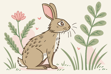 14 Cute brown rabbit, watercolor painting, soft pastel background, detailed fur texture, green foliage, small pink flower, realistic animal illustration, children's book style, gentle colors, nature s