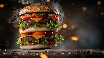A large hamburger with two buns and lots of toppings is shown in the air