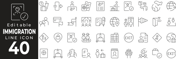 Immigration Icon Set: A Line Icon Collection Featuring Passport, Visa, Border, Citizenship, Documents, and More