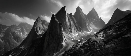 Majestic, rugged mountains tower dramatically against a cloudy sky in a stark black and white landscape.