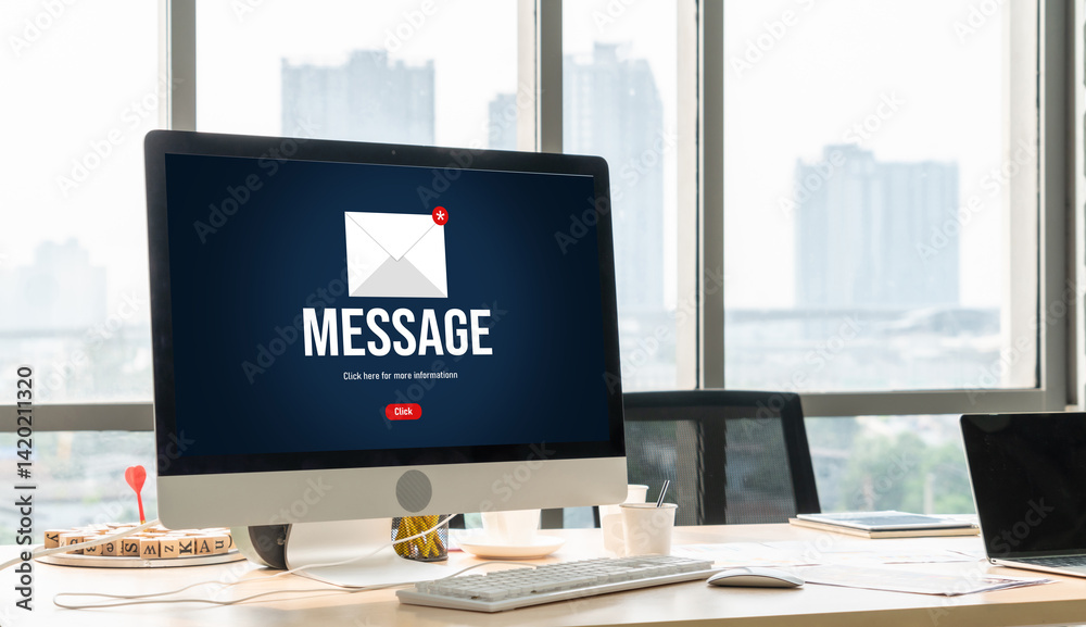 Poster email notification message showing on computer screen snugly. digital marketing message information 