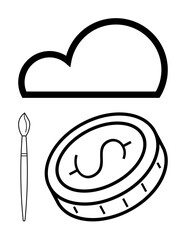 Cloud outline, coin with dollar sign, and paintbrush representing creativity, financial growth, and digital tools. Ideal for art, business, tech, design creativity innovation simple landing page