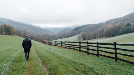 Fototapeta premium A solitary man walking along a rural path beside a wooden fence, lush green fields and rolling hills in the background, and serene countryside scene.
