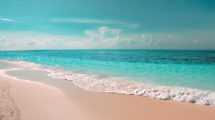 Serene beach scene with turquoise waters and soft waves lapping the sandy shore under a clear sky.