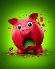 Obraz premium Shocked Red Piggy Bank With Coins Spilling Out Against Vibrant Green Background