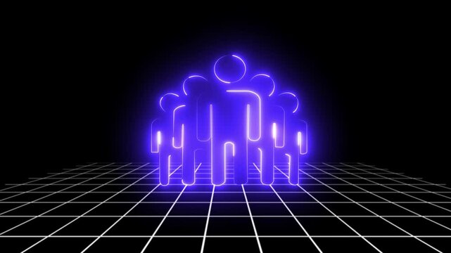 Glowing blue neon line men's icon. Concept of a team of five men together on a vibrant black background. Unity is strength