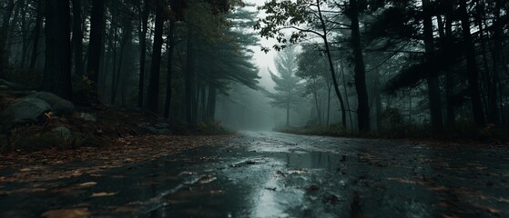 Mystical forest path shrouded in fog, with puddles reflecting the surrounding trees and fallen leaves.