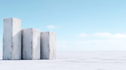 Abstract, minimalist, white blocks on snow,  a serene,  digital  design