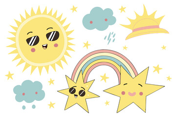 16 Cute cartoon suns, happy sun faces, kawaii weather elements, cheerful sun characters, pastel rainbow, fluffy clouds, colorful stars, playful sun expressions, sun wearing sunglasses, sun with hat, s