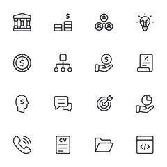 A set of icons for various things such as a phone, a CV, a bank, and a computer
