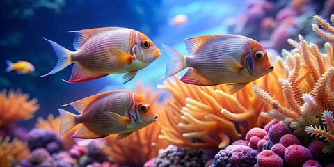 Fototapeta premium Striking orange and white fish swim gracefully amidst vibrant coral reefs, showcasing a captivating underwater scene.