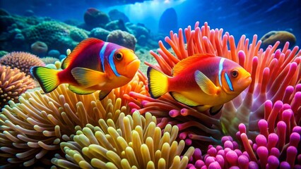 Vibrant Reef Inhabitants Two Exquisite Tropical Fish Gracefully Swim Amidst a Lush Coral Garden, Displaying Their Striking Colors and Patterns