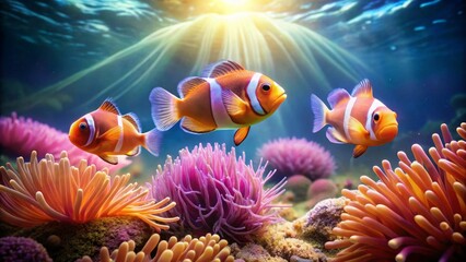 Oceanic Wonder Three Clownfish Gracefully Navigate a Vibrant Coral Reef Ecosystem Under a Sunlit Surface