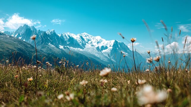 A breathtaking view of majestic mountains under a clear blue sky, adorned with wildflowers in the foreground.