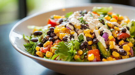 Corn and black bean salad in a ceramic dish, vibrant and fresh