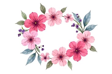 A beautiful watercolor wreath of delicate flowers and twigs with leaves frames a white round label with free space for text