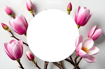 A beautiful wreath of pastel flowers, buds and branches with pink magnolia leaves frames a white round label with free space for text