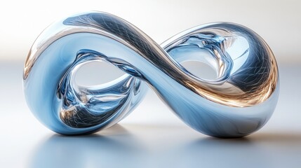 Chrome infinity symbol on reflective surface with bright background