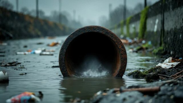 Water pollution and environmental harm from sewage pipe outfall into river, with focused attention