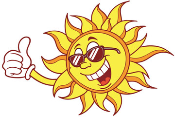 18 Cartoon sun, smiling face, sunglasses, thumbs up gesture, bright yellow, cheerful expression, summer vibes, cool attitude, vector illustration, glossy finish, positive emoji, fun character, sunny d