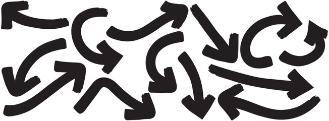 Hand-drawn black arrows icons vector design. Swirls arrows, doodle lines icon set, Hand-drawn line arrows set. Vector curvy, wavy, and straight arrows isolated on a white background.