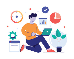 Vector illustration of Freelance work concept with time tracking on white background, Freelance work concept with time tracking