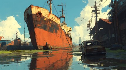 A rusted cargo ship reflects in a murky harbor surrounded by dilapidated buildings