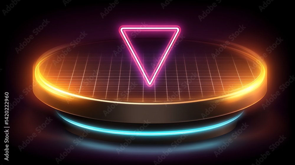 Poster neon illuminated presentation platform display with pink triangle in a darkened environment.