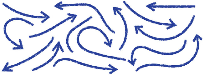 Blue hand-drawn vector arrow set. Arrow crayon brush doodle chalk line stroke. Sketch pencil texture line scribble arrow icon on a white background